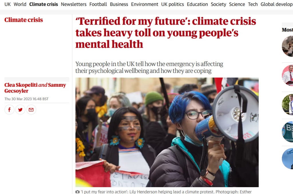 Screenshoot of a news article that reads 'Terrifed for my future: climate crisis tables heavy toll on young people'mental health"